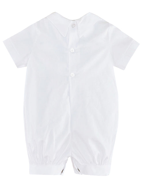 Baby Boys White Pleated Bodice Short Sleeve Baptism Romper Hat Set 0-24M - SophiasStyle.com